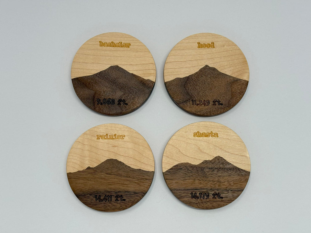 Four wooden coasters on a white background.