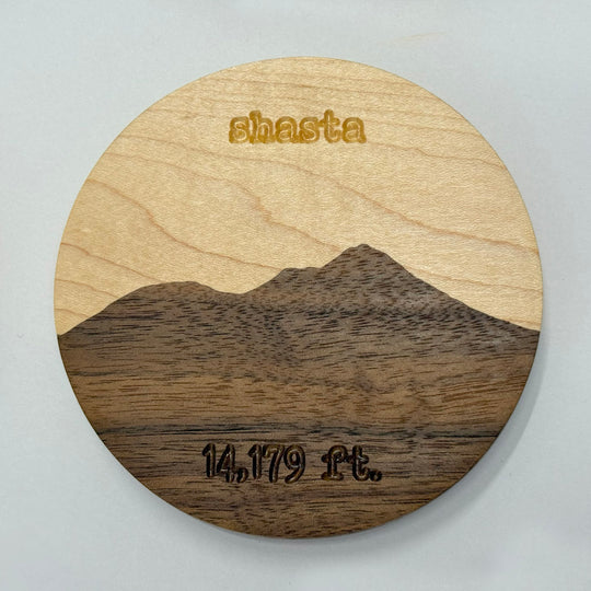 A wooden coaster on a white background.