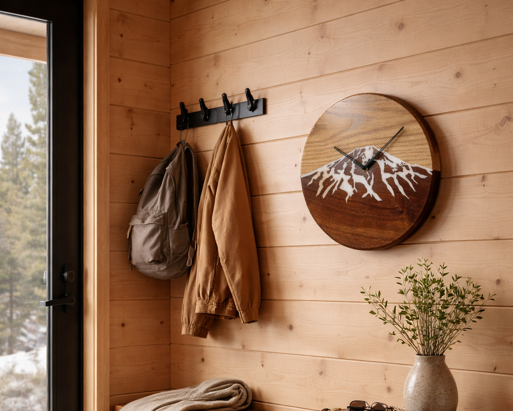 Wooden interior of a cabin with a bench, coat rack, and decorative items.