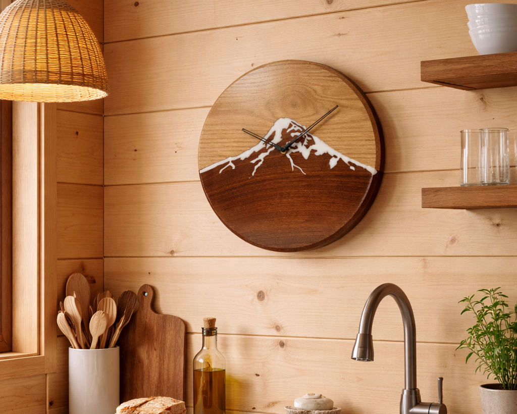A wooden wall clock of a mountain in a kitchen.