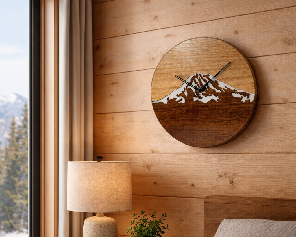 Cozy bedroom with wooden walls, a bed, and a nightstand with a lamp.