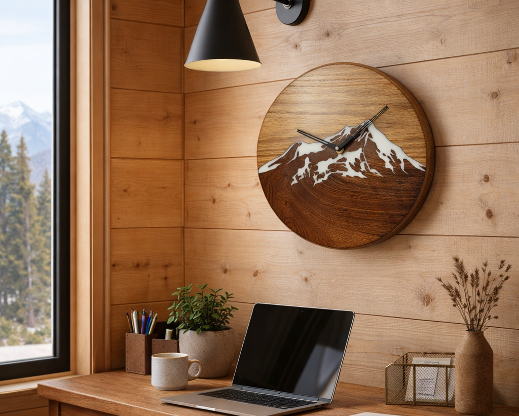 Wooden desk with laptop, notebook, and mug in a room with wooden walls and a mountain-themed wall art.