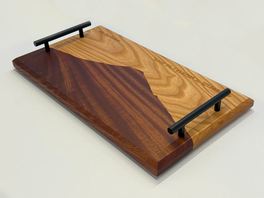 A wooden platter on a white background.