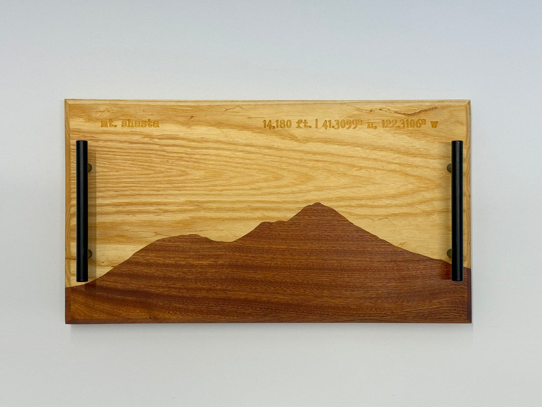 A wooden platter on a white background.