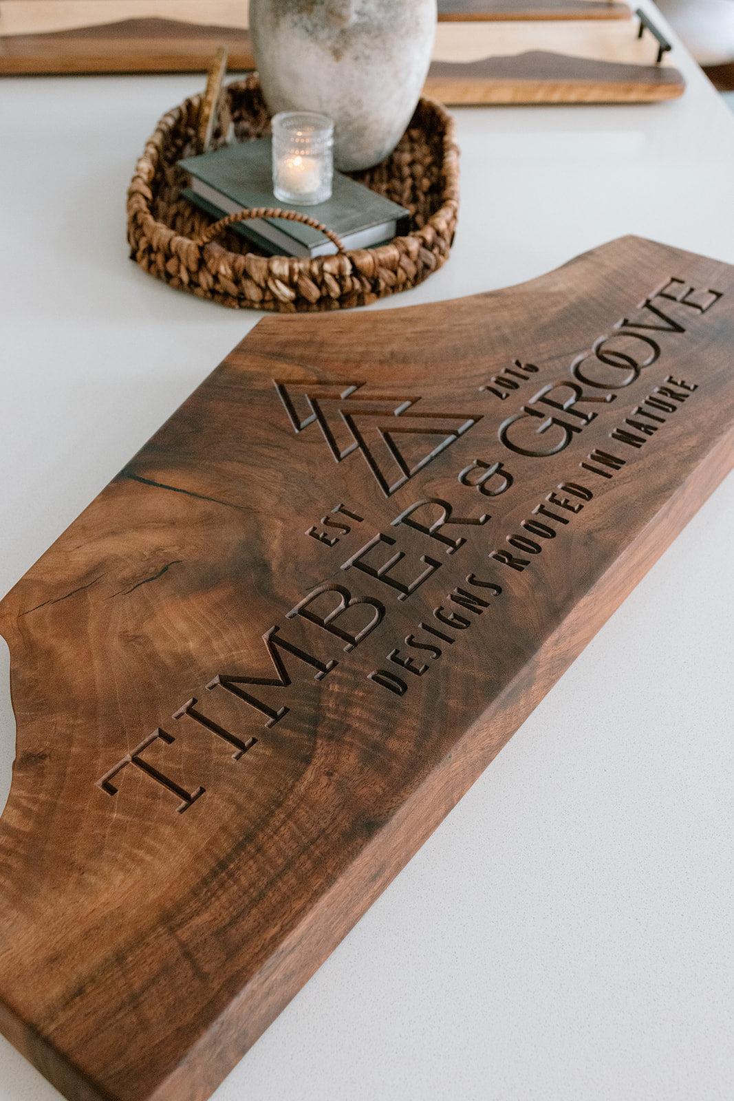 A live edge wood piece on a countertop.